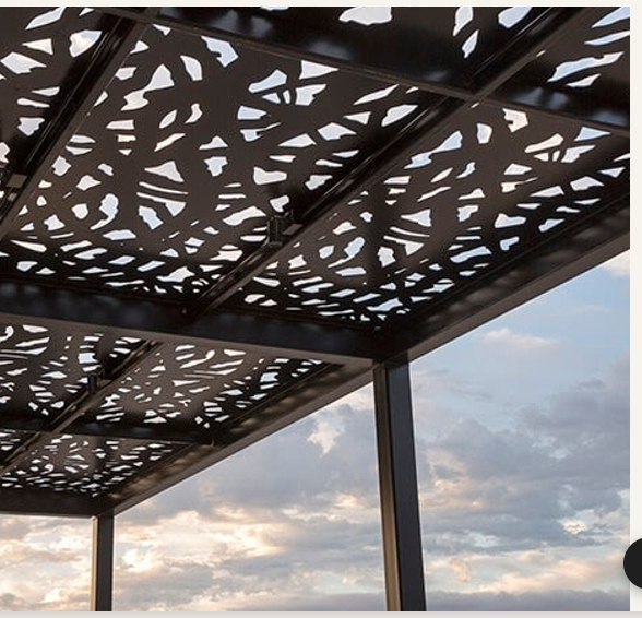 Decorative architectural shade panels against the sky